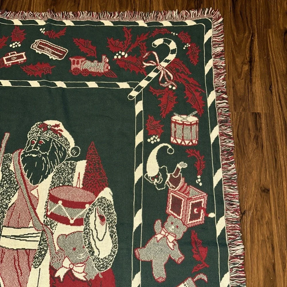 Christmas Holiday Reversible Throw Blanket Woven Tapestry Santa Claus 48x72 VTG